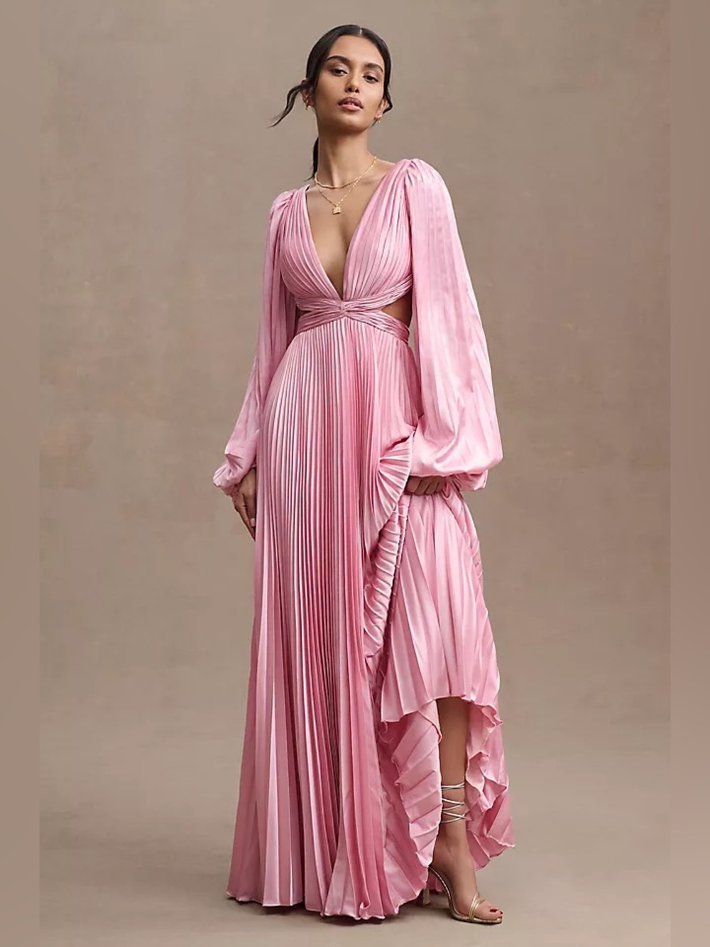 Mac Duggal Pleated Long-Sleeve Cutout A-Line Gown